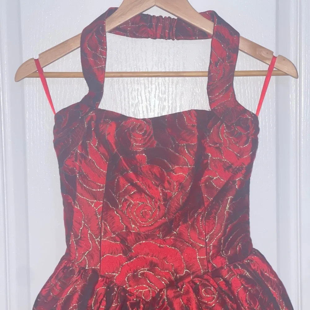 VIPER MINI DRESS lROSE PRINT $139 Elegant Red Halter Dress Textured Floral XS - Picture 3 of 12